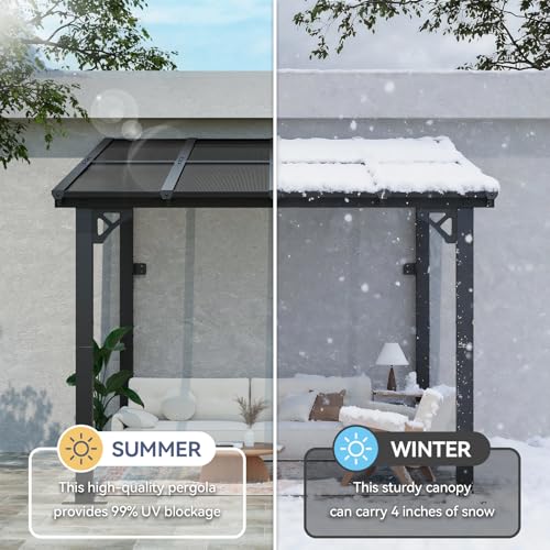 Image of 8x10FT Lean to Gazebo, Hardtop Metal Pergola with Polycarbonate Roof, Large Wall Mounted Heavy Duty Awnings, Patio Canopy for Backyard, Deck, Porch, Gray