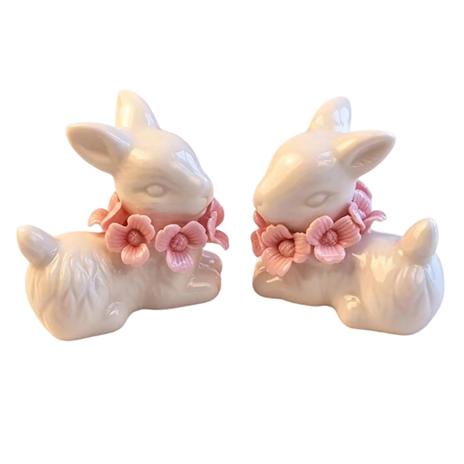 Glifora 1 Pair Mini Ceramic Rabbit Figurine - Flower Necklace Rabbit Statue Ornament, Easter Bunny Tabletop Decoration for Home, Office and Living Room