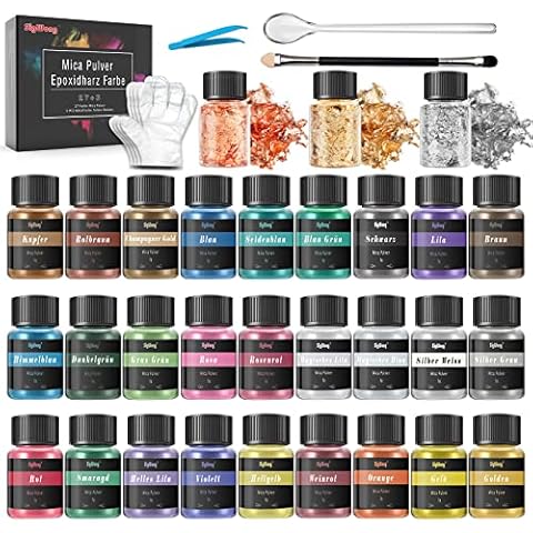 Epoxy Resin Colour Mica Powder, 30 Colours x 5 g Pearlescent Natural Cosmetic Pigment for Soap Paint, Lip Gloss, Nail Polish, Makeup, Epoxy Resin, Candle Making, Bath Bombs, Slime Cover