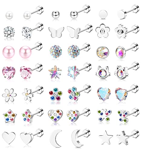 SAILIMUE 21Pairs Screw Back Stud Earrings For Women Hypoallergenic Surgical Steel Screwback Earrings Star Moon Flower Heart Butterfly CZ Tiny Cartilage Tragus Daith Helix Flat Back Earrings Piercing Jewelry 20G