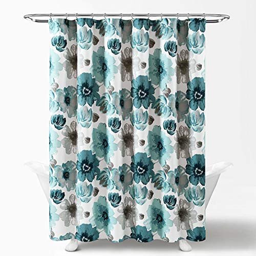Image of Lush Decor Leah Floral Shower Curtain, 72 inch W x 72 inch L, Blue - Fabric Shower Curtains - Watercolor Botanical Bathroom Curtain - Farmhouse & French Country Decor