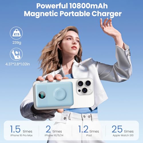 Image of 6 in 1 Magnetic Portable Charger for iPhone with Built-in Cables, 10800mAh 25W PD Fast Charging Power Bank, 6 Outputs LCD Display Travel Essential Battery Pack for iPhone 17 /16 /15 /14 /13 /12 (Sky Blue)
