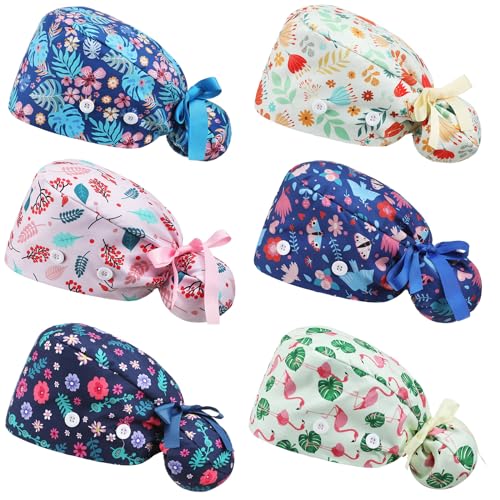 Image of 6 Pcs Scrub Caps for Women Doctor Nursing Hats with Buttons Adjustable Tie Back Working Cap Bouffant Scrub Hats for Women Men