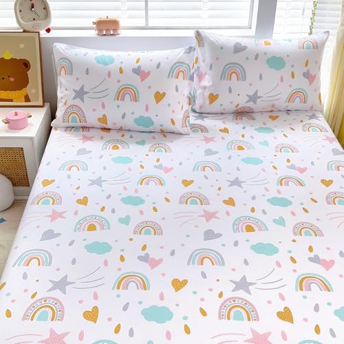 Homilay Queen Sheet Set Kids - Sky Blue 4 Pieces Soft Microfiber Cartoon Style Bedsheets for Boys Girls Teens Oeko TEX Breathable 15 Inch Deep Pocket Sheets(Rainbow)