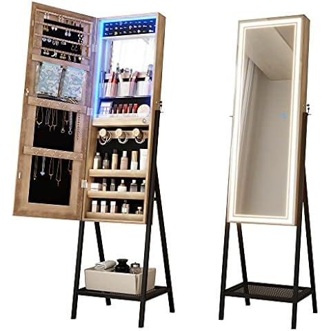 Vlsrka Mirror Jewelry Cabinet Standing with LED, Jewelry Mirror Full Length with Built-in Makeup Mirror & Lights, Large Mirror with Jewelry Storage for Earrings Necklaces Cosmetic (Wood) Cover