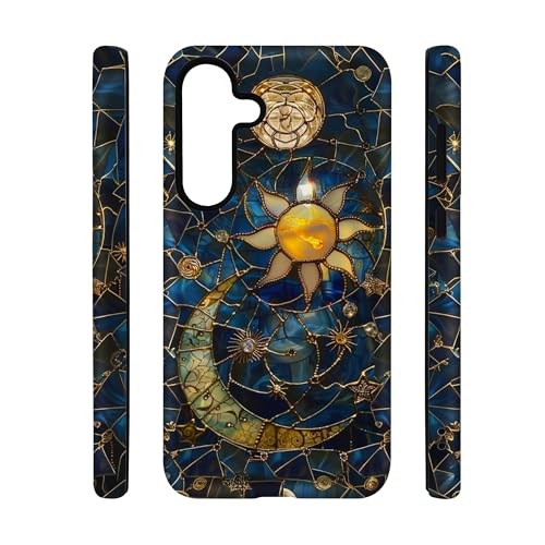 qizjio Celestial Sun and Moon Stained Glass Phone Case, Shockproof Protective Cover for Samsung Galaxy S25 Plus