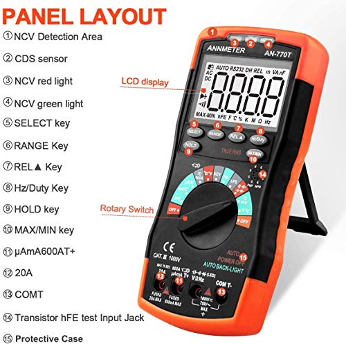 Image of AIOMEST AN-770T Digital Multimeter Auto-Ranging 6000 Counts Multimeter, Voltage /Current /Resistance Meter, Measures Capacitor Temperature and Diode, TRMS DMM with Data Hold, NCV and Backlight