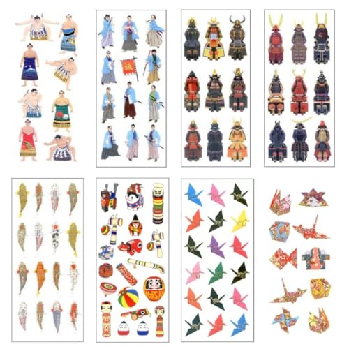 【和風シールセットC 全8枚】 和紙風 相撲 武士 新選組 鎧 兜 鯉 折り鶴 折り紙 玩具 こけし ダルマ 和小物 オクヤマ 奥山 日本製