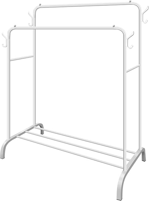 Metal Double Rail Garment Rack, Heavy Duty Clothes Rail Hanger with 1 Tier Storage Shelf and 4 Side Hooks, Freestanding Clothes Rack Multipurpose Organiser Shelf Bedroom Clothes hanger (White)