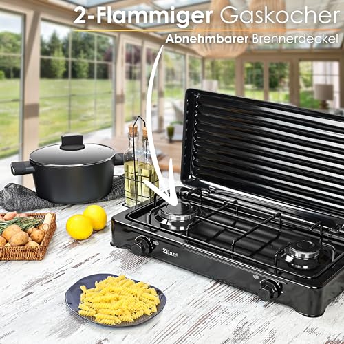 2 Flammiger Gaskocher Schwarz Campingkocher Gas Kochfeld Gasherd Hockerkocher abnehmbarer Deckel Camping Gaskocher 2-Flammig Gas Kochplatte 30mbar - 50mbar geeignet (Mit Gasschlauch & Druckminderer) – Bild 3