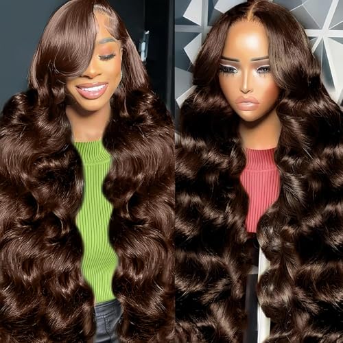 Kkioor 24 Inch Chocolate Brown Human Hair Wig 200 Density Body Wave Lace Front Wigs Human Hair Pre Plucked 13X4 HD Frontal Wig 4# Colored Brown Wig For Women Glueless Wigs