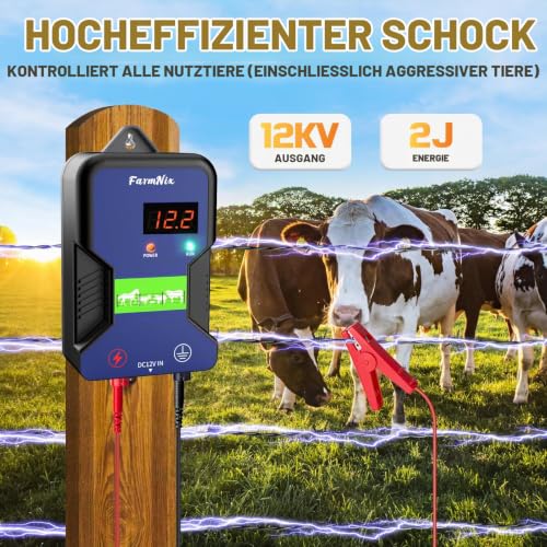 FarmNix 12V Weidezaungerät, 15km Reichweite mit LED Anzeige, 2 Joule / 12kV