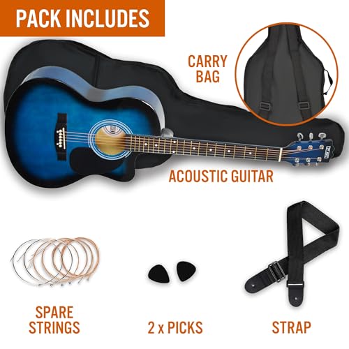 Image of 3rd Avenue Full Size 4 /4 Cutaway Acoustic Guitar Pack Bundle for Beginners - Bag, Strap, Picks and Spare Strings - Blue