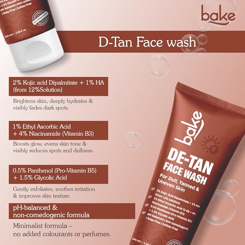 Image of BAKE De-Tan Face Wash with 2% Kojic Acid ,Niacinamide &Glycolic Acid | Brightening Face Wash for Tan Removal, Pigmentation & Dark Spots | Evens Skin Tone & Boosts Glow | Anti Pigmentation Daily Wash - 100ml