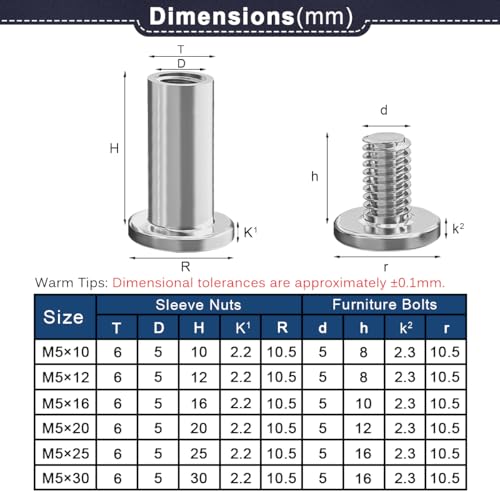 Drenky Connecting Screws M5 Stainless Steel Screws Sleeve Nuts 10 Sets Barrel Nuts Kit M5 X 20mm Hexagon Furniture Bolts Flat Hex Bolt for Bed Door - Image 2