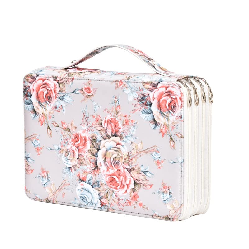 Multifunction Zipper Printed Leather Pencil Case with Multi-Layer Zipper Separation High Capacity Holder Pouch Pen Bag Colored Flower Pencil Pen Box 200 Slots (Beige)