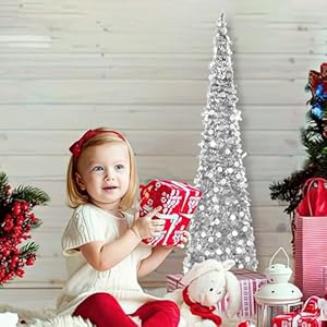 Silver christmas tree 5ft collapsible pop up tinsel christmas tree easy assembly coastal glitter pencil tree for home office holiday party farmhouse xmas decoration  urban country home decor