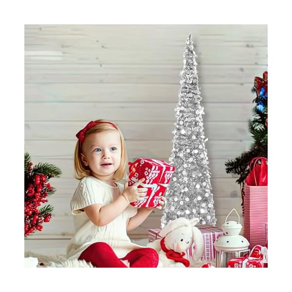 Silver christmas tree 5ft collapsible pop up tinsel christmas tree easy assembly coastal glitter pencil tree for home office holiday party farmhouse xmas decoration  urban country home decor