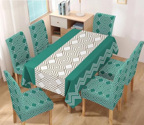 Image of Styleys Dining Chair Cover with Table Covers for Kitchen Waterproof Dining Table Cloth (1 Table Cover + 6 Chair Cover, Green Abstract, K732)