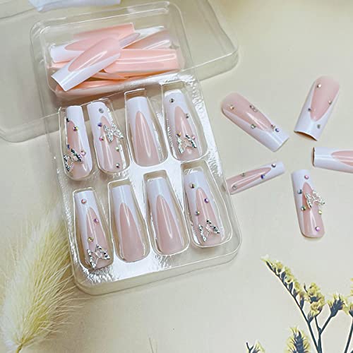 24 Pcs Long Press On Nails White French Tips Fake Nails Butterfly Rhinestone Full Cover Nails Tips Coffin False Nails With Charms Nail Decorations Glitter Acrylic Nails Glue On Nails For Women Girls #TOP2