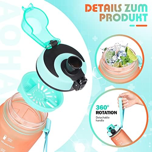 AOHAN butelka sportowa bez BPA, wodoodporna i wielokrotnego użytku, butelka z filtrem i markerem czasu, dla dorosłych, dzieci, szkoły, biura, szkoły, na rowerze, fitness, sporty na świeżym powietrzu.