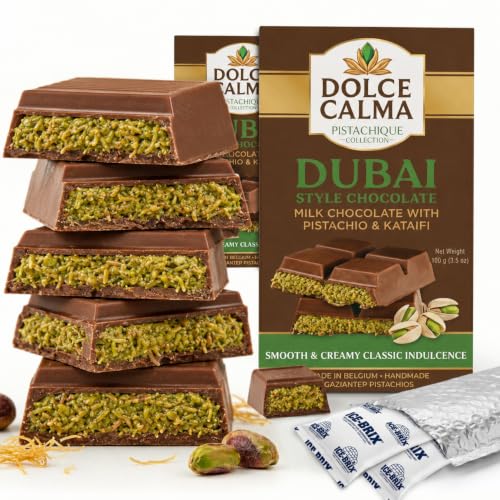 Dolce Calma Pack of 2 Dubai Chocolate Bars (2 x 100g / 3.5oz) – 200g / 7oz Total – Belgian Chocolate with Pistachio & Crispy Kataifi, Ships with Ice Packs for No Melting, No Palm Oil, Gifting (Milk Chocolate)