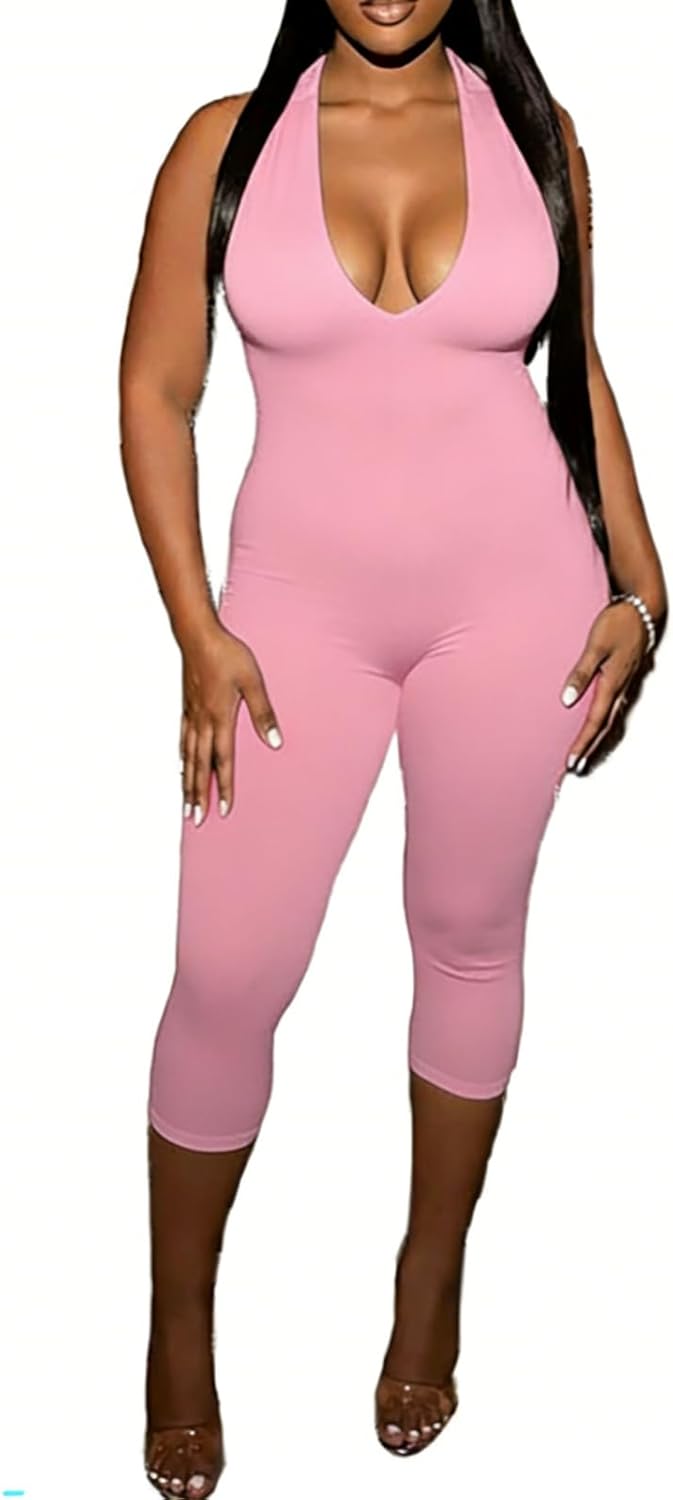 Women Sexy Deep V Neck Sleeveless Backless Bodycon Capri Jumpsuit Halter Party Club Rompers One Piece Outfits