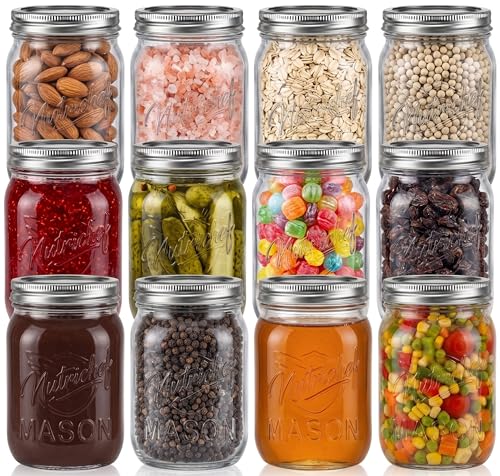 NutriChef 12-Pack 16 oz Mason Jars with Stainless Lids