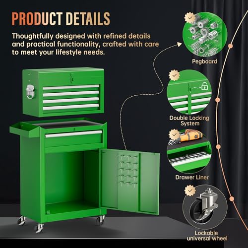 Pataku 5 Drawer Tool Chest with Wheels, 2-in-1 Detachable Rolling Tool Box with Drawers, Large Tool Cart on Lockable Wheels, Metal Tool Cabinet for Garage/Workshop(Green)