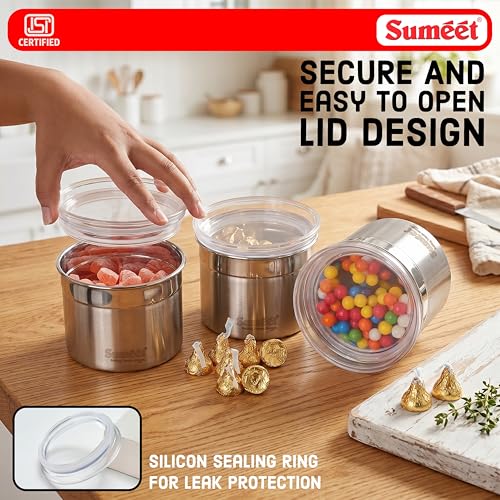 Image of Sumeet ISI Certified Stainless Steel Small Canisters /Dabba /Storage Containers for Kitchen with See Through Air Tight Lid - Set of 3 Pcs - 550ml, 10cm Dia, Silver