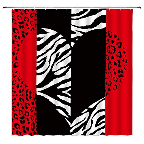 Leopard Zebra Print Shower Curtain Red Black Zebra Stripes Abstract Romance Heart Creative Patchwork Modern Fashion Art Bathroom Decor Fabric Curtain With Hooks #TOP30