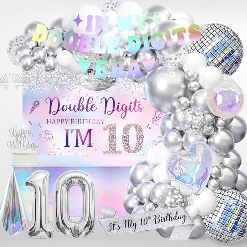 10th Birthday Decorations for Girls, Double Digits Birthday Party Decoration, In My Double Digits Era Party Supplies, Iridescence Tablecloth Sash Tiara Cake Topper Balloon Arch by Monnberry - Used condition - US$16.92
