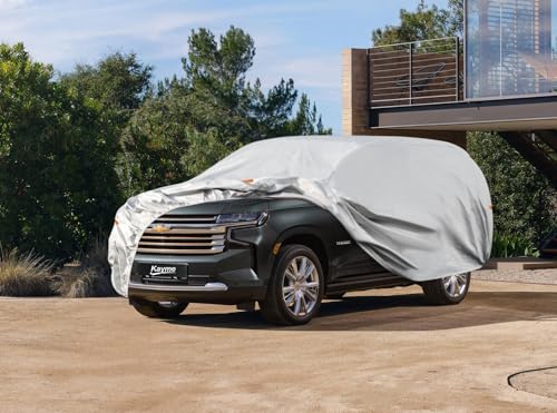 Image of Kayme 6 Layers SUV Car Cover Custom Fit for Chevrolet Chevy Tahoe (2007-2025) Waterproof All Weather for Automobiles, Outdoor Full Cover Rain Sun UV Protection.Silver
