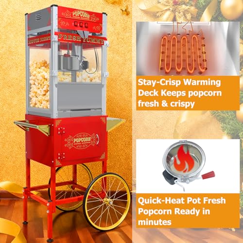 Image of Commercial Popcorn Machine with Cart 24oz - Retro Theater Style Popper Makes 100 Cups Per Batch, Stainless Steel Kettle & Wheels, for Home Movie Nights, Holiday Parties, School&Corporate Events, Red