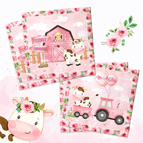 Farm Animals Napkins-40Pcs Pink Cow Party Decorations For Girls Barnyard Farm Animals Themed Disposable Paper Napkins For Girls Baby Shower Party #TOP17