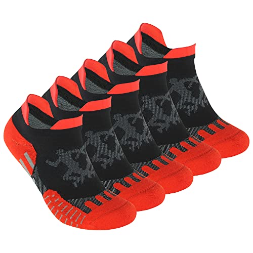 Mens and Womens 5 Pairs Red Padded Anti Odor Blister Proof Seamless Low Cut Cotton Running Socks