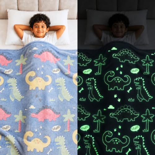 Image of Famyo Glow Blanket for Kids -Cute Dinosaur | Kids Blanket 0-15 Yrs | 200x152 cm Double Bed Blanket | Soft Flannel Blankets for Winter | Lab-Tested & Safe, (Blue)