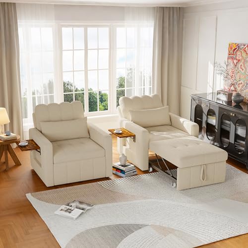 Sillón Convertible Versátil de 1 plaza, 3 en 1 con función de cama, respaldo ajustable, mesa plegable integrada, colchón cómodo, cojín ergonómico y bolsillos prácticos (Beige)
