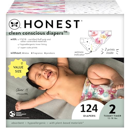 Image of The Honest Company Clean Conscious Diapers | Plant-Based, Sustainable | Young at Heart + Rose Blossom | Super Club Box, Size 2 (12-18 lbs), 124 Count