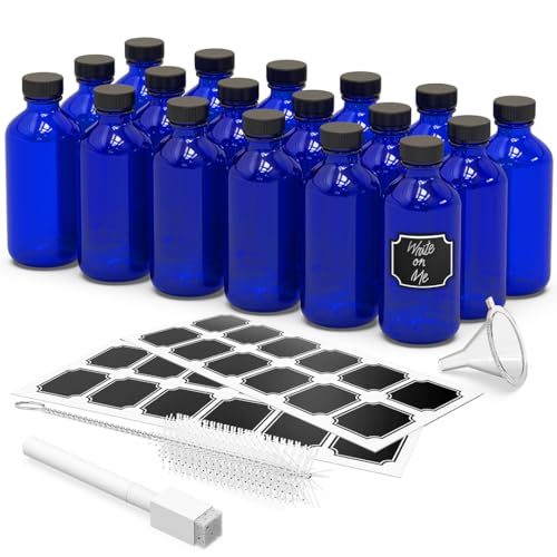 Nevlers 8 oz Glass Bottles with Lids 18 Pack | Cobalt Blue Reusable Glass Bottles with Caps, Funnel, Cleaning Brush, Marker & Labels | For Use as Mini Perfume Bottle, Small Tincture Bottle, & More