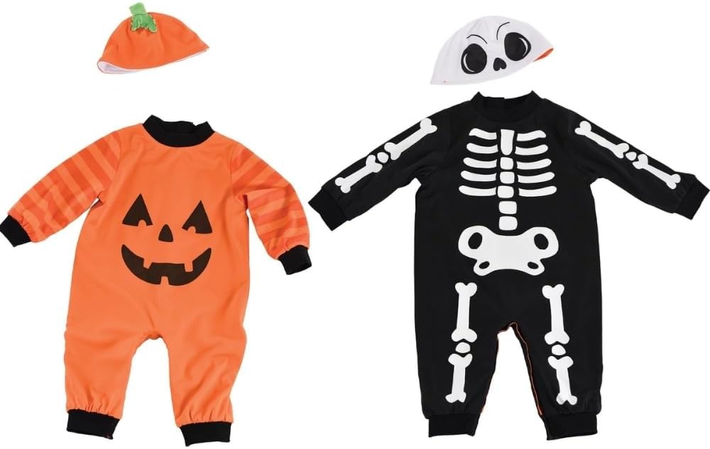 Multicolor Reversible Costume Set for Infant (0-3 Months) - Pumpkin & Skeleton Design, Ideal for Halloween Parties, Dress-Up, & Themed Events