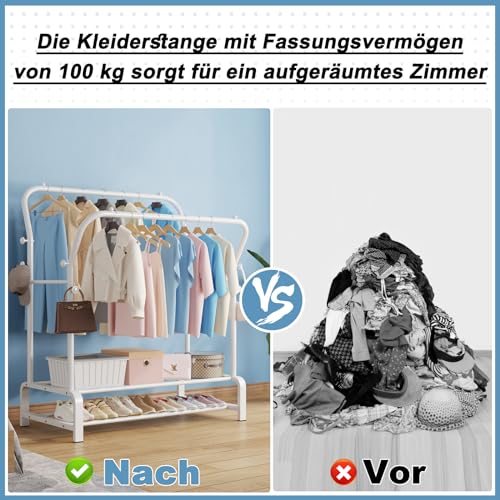 SMILOVII Kleiderständer, Multifunktional Garderobenständer, Freistehender Doppelruten Kleiderbügel für schlafzimmer Kleiderständer, Stabil Kleiderstange mit 8 Haken und 2 Schuhregal metall, weiß
