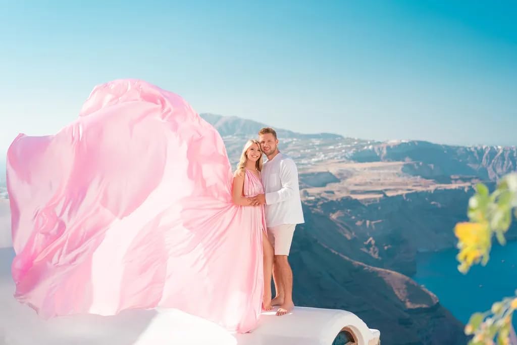 Light Pink Long Tail Flying for Women's Wedding, Maternity Photoshoot Santorini Flying Dress for Photoshoot | Long Tail Satin Maxi