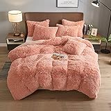 Plush Duvet Cover Set, Luxury Ultra Soft Pink Velvet Duvet Cover Set Fluffy Plush Shaggy Bedding Sets 4 Pieces ( 1 Duvet Cover + 2 Pillow Case + 1 Pillow Cover) Zipper Closure (Queen, Pink)