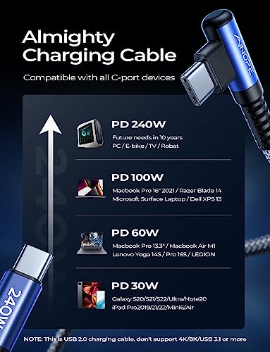 Image of AINOPE 240W USB C to USB C Cable Fast Charging 3.3FT,Right Angle Fast Type C Charging Cable Fits iPhone 16 Pro Max Plus,iPhone 15,MacBook Air /Pro,iPad Pro,Samsung,Pixel,All Devices, Blue, 1 Pack
