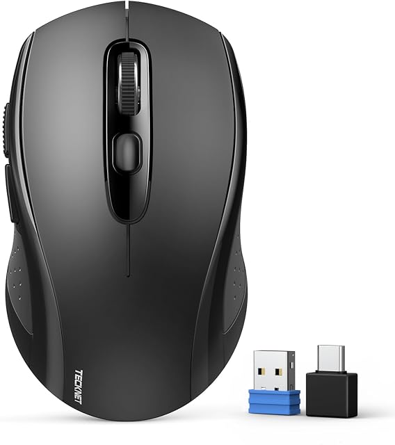 TECKNET Souris sans fil Bluetooth, 3 Modes (BT 5.0/3.0+2,4Ghz) sans fil optique portable 4000 DPI Souris avec USB B & C Récepteur Nano, pour ordinateur portable, MacBook Pro Air, PC, Ordinateur (noir)