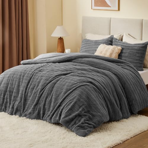 Image of BEDELITE Fleece Queen Comforter Set -Super Soft & Warm Fluffy Grey Faux Fur Bedding, Luxury Fuzzy Heavy Bed Set for Winter with 2 Pillow Cases