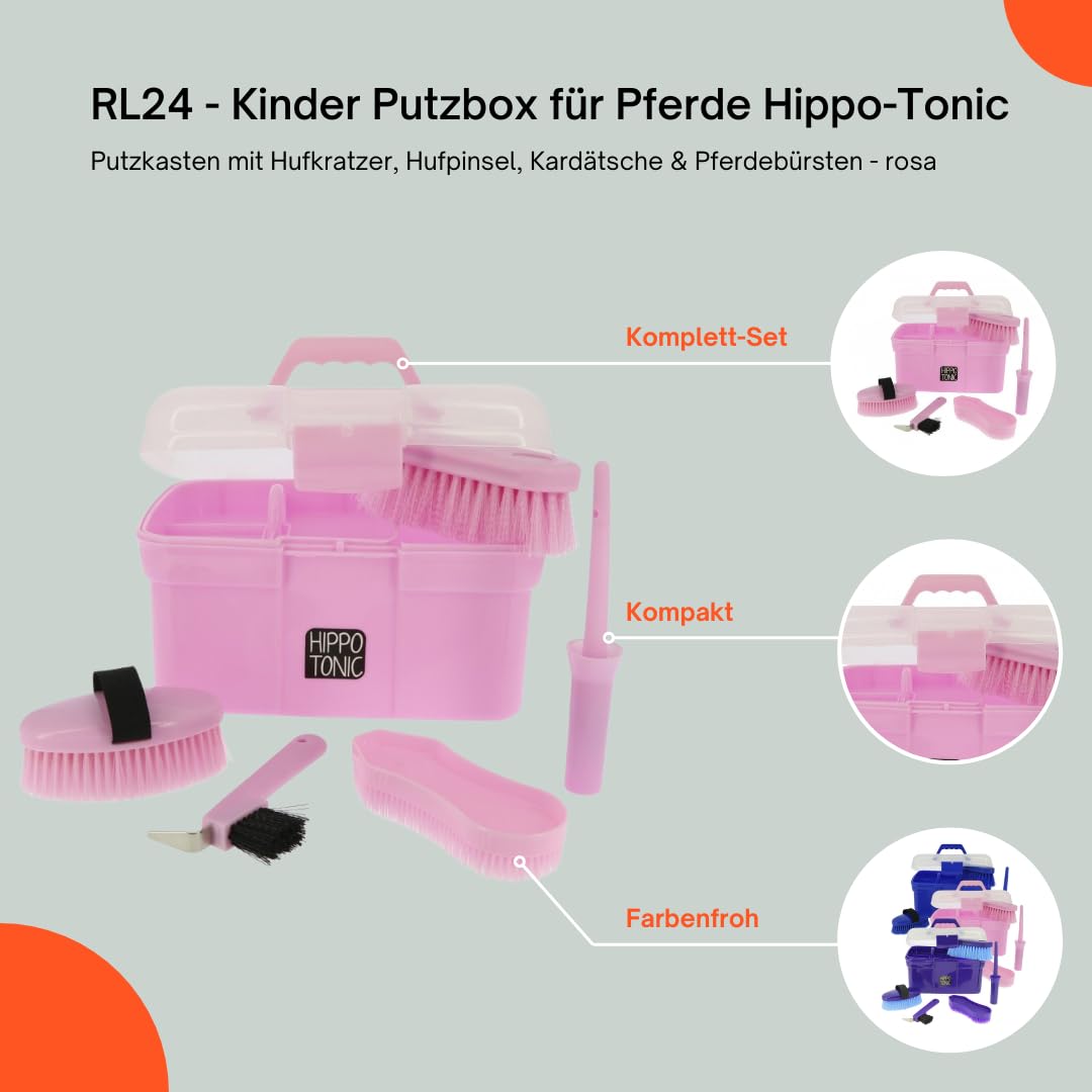 RL24 - Kinder Putzbox für Pferde Hippo-Tonic | Putzkasten mit Hufkratzer, Hufpinsel, Kardätsche & Pferdebürsten | Putzkiste in Rosa | Putzkoffer für Pferde | Pferdepflege Set 5-teilig