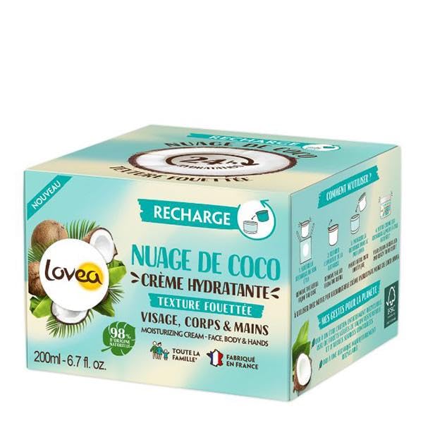 LOVEA - Coco Cloud – Recarga hidratante – Multiuso – Cara, cuerpo y manos – Hidrata 24 horas – Para toda la familia – A partir de 3 años – 99% natural