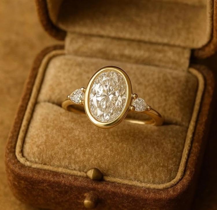 2CT Oval & Pear Cut Diamond Sparkle Wedding Ring, Engagement Stackable Ring, Three Stone Bezel Set Ring,14K Gold Plated,Women Gifted Ring,Gifted For Her,Size 3-12.4